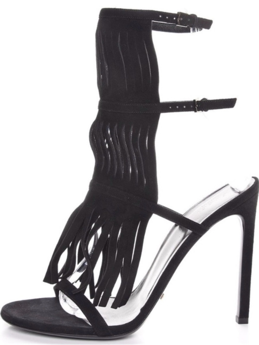 Gucci Black Suede Fringe Stiletto Sandals